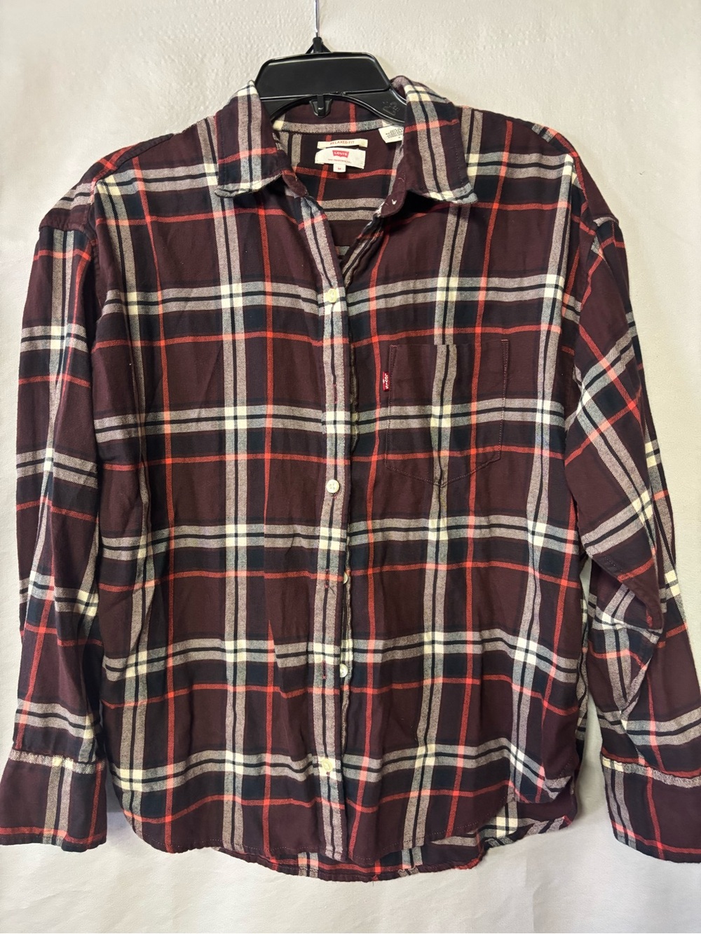 Levi's Women’s  Maroon and White Plaid Button-Down Relaxed Fit Shirt